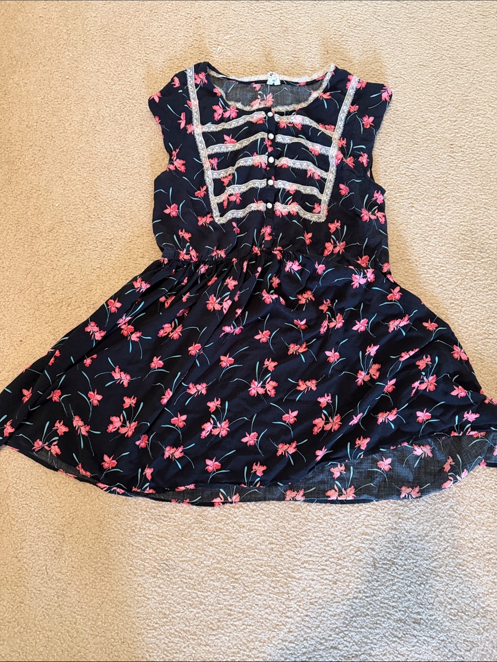 Free People Black Floral dress with Cream Lace Trim
